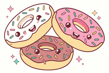 Kawaii smiling donuts vector illustration set