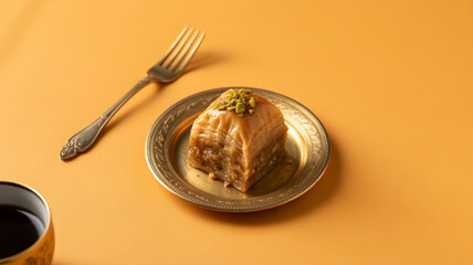 A high-quality food photography shot of baklava on an ornate golden decorative plate against a solid orange background