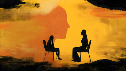 Obraz premium Two women engaged in a thoughtful conversation, silhouetted against a vibrant yellow-orange background.