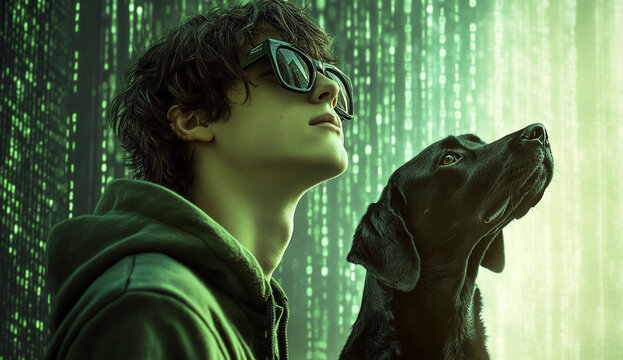 A young man in sunglasses and a green hoodie with his black dog, against a background of matrix code, in the style of a movie poster