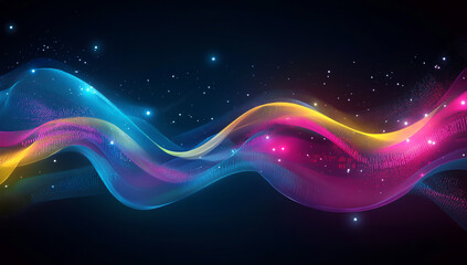 Abstract vector illustration of data flow in blue, pink, and yellow colors on a dark background with binary code