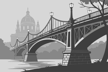 Monochrome city bridge in foggy landscape