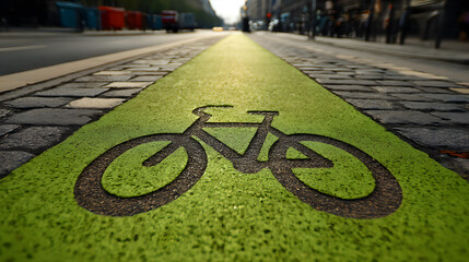 Bright green bike lane with a bicycle symbol, set against a blurred city backdrop, inviting cyclists to explore.