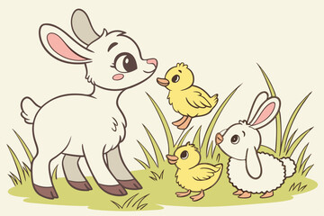 Adorable watercolor baby animals lambs and ducklings