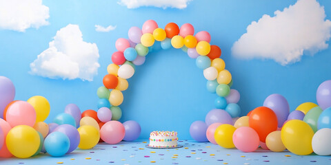 Backdrop composition, blue sky with white clouds in the background, rainbow-colored balloon arch garland, and colorful balloons on the floor