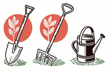 Flat icon set of gardening tools shovel rake and more
