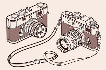 Hand sketched vintage cameras with lenses