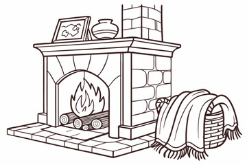 Cozy hand sketched fireplace with logs
