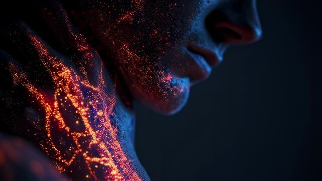 Glowing medical visualization revealing eczema's inflammatory immune response on male skin, highlighting detailed dermatological condition in dark clinical environment