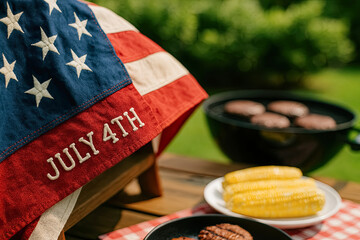 Fourth of July American Flag with Barbecue Corn and Grill on Red Checkered Tablecloth