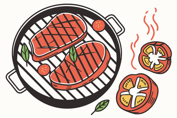 Delicious barbecue grill with steaks and vegetables