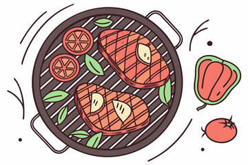 Delicious barbecue grill with steaks and vegetables