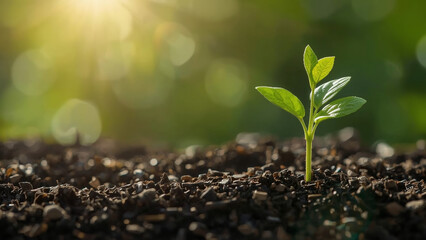 Young plants growing in the sun. Environmental and ecological concepts.