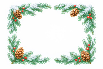 Rectangular Border of Snowy Pine Branches with Pine Cones and Red Berries