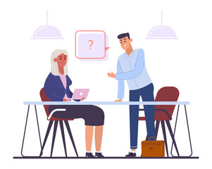 Business colleagues discussing work issues, communicating during corporate meeting in office, employee asking question to manager, business conversation and cooperation concept