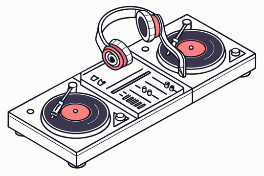 Modern dj booth with turntables and headphones illustration