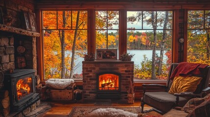 Serene Cozy Cabin Zoom Background With Autumn View