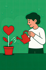 Illustrated person watering heart-shaped plant on green background