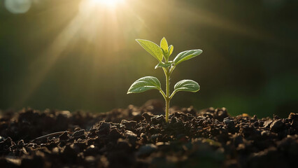 Young plants growing in the sun. Environmental and ecological concepts.