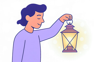 Illustrated person holding glowing lantern on solid white background with soft bokeh