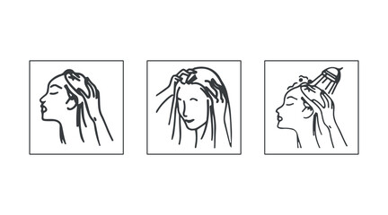 Hair care and treatment icons of vector woman beauty salon set. Thin line shampoo, dye conditioner, brush, Outline woman head with health hair,