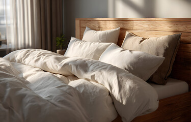 Obraz premium Wooden double bed with white bedding, ai generated