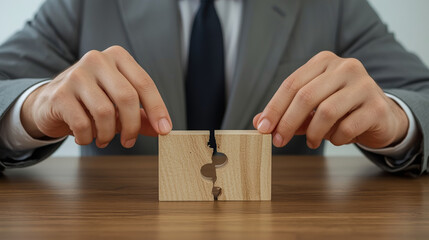Businessman separates wooden blocks. Divorce and legal services.