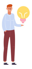 Young businessman holding a glowing light bulb, symbolizing innovation and creativity. Emphasizing problem solving and fresh ideas in a dynamic business environment