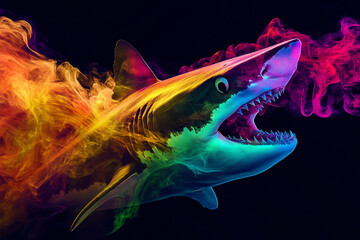 Colorful digital art of colorful rainbow smoke and a colorful animal shark head with an open mouth, on a black background