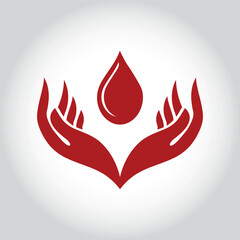 Red blood drop in hand isolated on light Gray ingradient background. blood donation logo, vector design