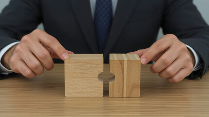 Businessman separates wooden blocks. Divorce and legal services.