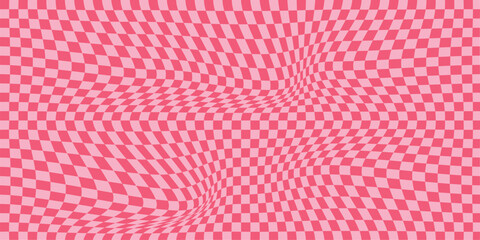  pink Groovy checker seamless pattern, wavy abstract retro checkerboard background. Trippy wave board geometric.  eps 10