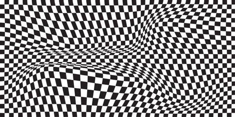  black and white wavy checkerboard background. Retro psychedelic checkered wallpaper. Wavy groovy chessboard surface. Distorted geometric pattern. Trendy modern. eps 10