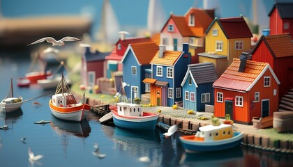 idyllic miniature fishing village with colorful houses boats and seagulls