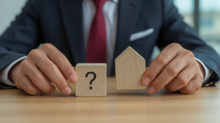 Businessman separates wooden blocks. Divorce and legal services.