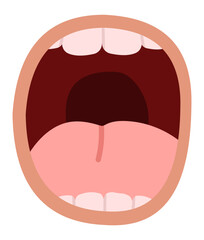 Cartoon illustration featuring an open mouth displaying a tongue and teeth, conveying emotions like screaming, singing, or expressing strong feelings vividly