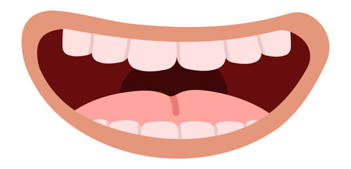 Cartoon open mouth displaying tongue and teeth, expressing a range of emotions such as screaming, singing, laughing, or feeling pain, isolated on a clean white background