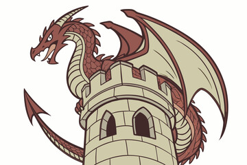 Majestic dragon curled around a castle turret