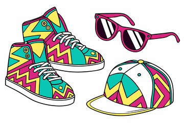 Memphis style fashion icons sneakers and sunglasses