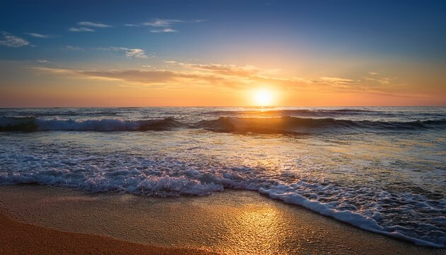 ocean sunrise over seashore shore and waves the sun is rising up over sea horizon