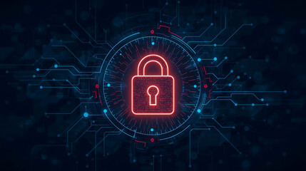 Glowing padlock icon on blue background. Digital data protection. Cyber ​​data (Information Privacy).
