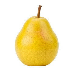 Close up view of a ripe yellow pear on a transparent background. The pear is smooth skinned with subtle speckles and exhibits a natural, healthy