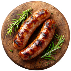 top view of grilled sausages and rosemary on a wooden cutting board, isolated background.