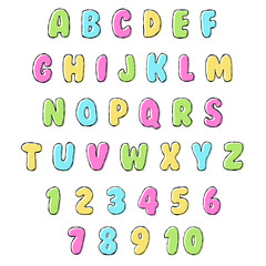 Bright colors funky cartoon alphabet letters and numbers icon set, back to school background, multicolor kids education design