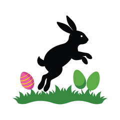 Obraz premium Bunny Silhouette Leaping Over Easter Eggs Scene