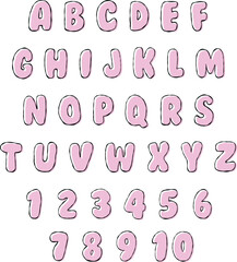 Bright pink funky cartoon alphabet letters and numbers icon set, back to school background, multicolor kids education design, black contour line
