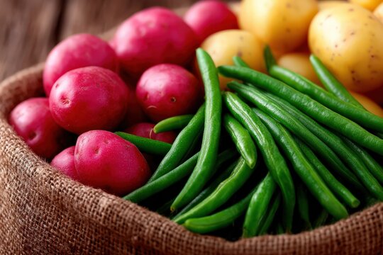 Freshly harvested red and yellow potatoes alongside vibrant green beans in a rustic burlap basket highlighting healthy farm produce ideal for culinary ventures and nutritious cooking inspiration