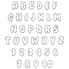 Bright outline funky cartoon alphabet letters and numbers icon set, back to school background, kids education design, black contour line