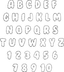 Bright outline funky cartoon alphabet letters and numbers icon set, back to school background, kids education design, black contour line