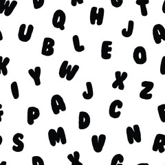 Black funky cartoon alphabet seamless pattern, back to school background, kids abc letters education design